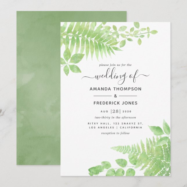 Invitation Aquarelle Mariage de verdure (Devant / Derrière)