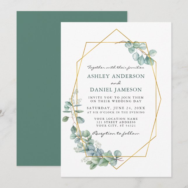 Invitation Aquarelle mariage Eucalyptus Verdure Gold Frame (Devant / Derrière)