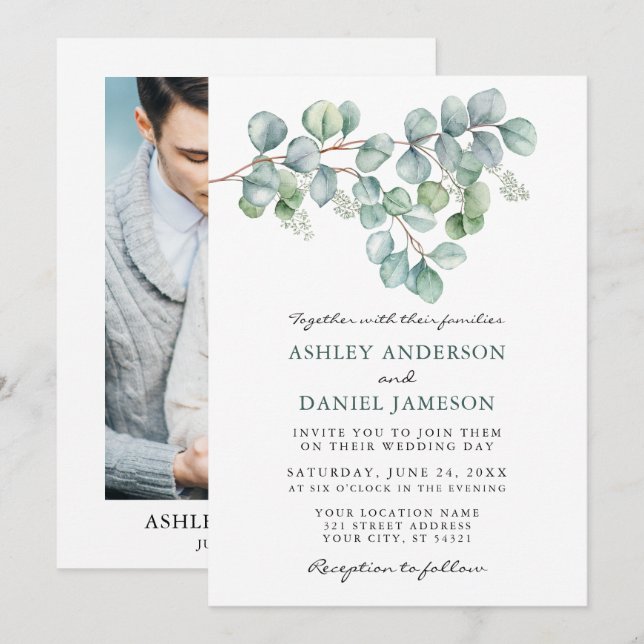 Invitation Aquarelle mariage Eucalyptus Vert Photo (Devant / Derrière)