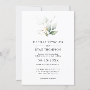 Invitation Aquarelle mariage Feuilles Branches Gold Green Inv