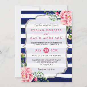 Invitation Aquarelle mariage Floral Argent Marine Bleu rayure