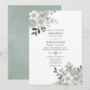 Invitation Aquarelle Mariage floral argent Sage