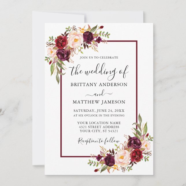 Invitation Aquarelle mariage Floral Bourgogne Cadre (Devant)