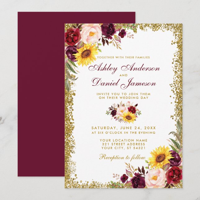 Invitation Aquarelle Mariage Floral Bourgogne Parties scintil (Devant / Derrière)