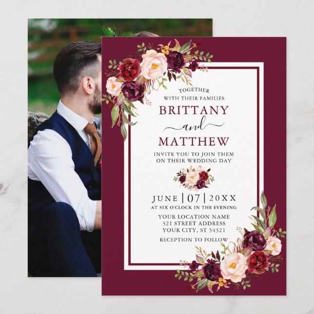 Invitation Aquarelle mariage Floral Bourgogne photo du cadre (Devant / Derrière)