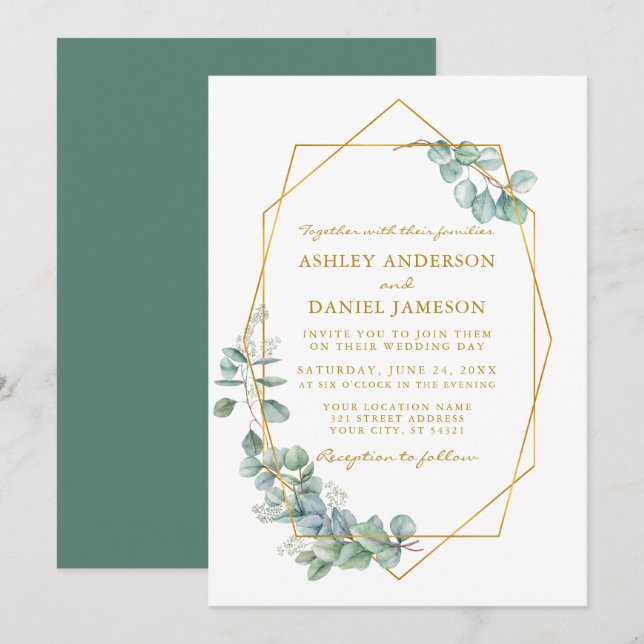 Invitation Aquarelle mariage Gold Frame Eucalyptus Vert (Devant / Derrière)