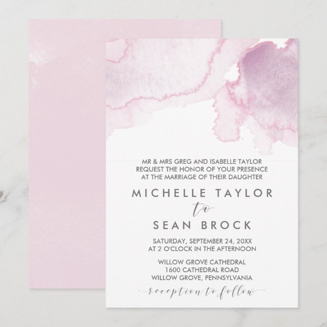 Invitation Aquarelle | Mariage officiel rose et violet (Devant / Derrière)