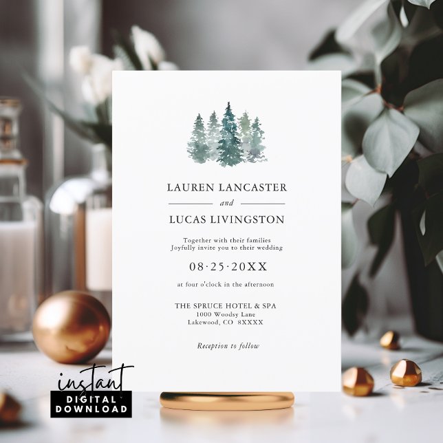 Invitation Aquarelle mariage Pins rustiques Arbres verts prof (Wedding Watercolor Rustic Pine Trees Deep Green Mountain Woodland Winter Scene Invitation)