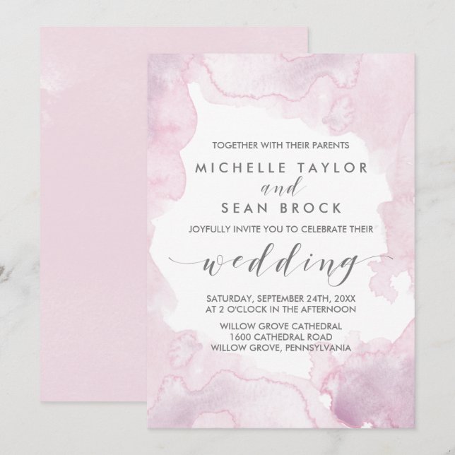 Invitation Aquarelle | Mariage rose et violet (Devant / Derrière)