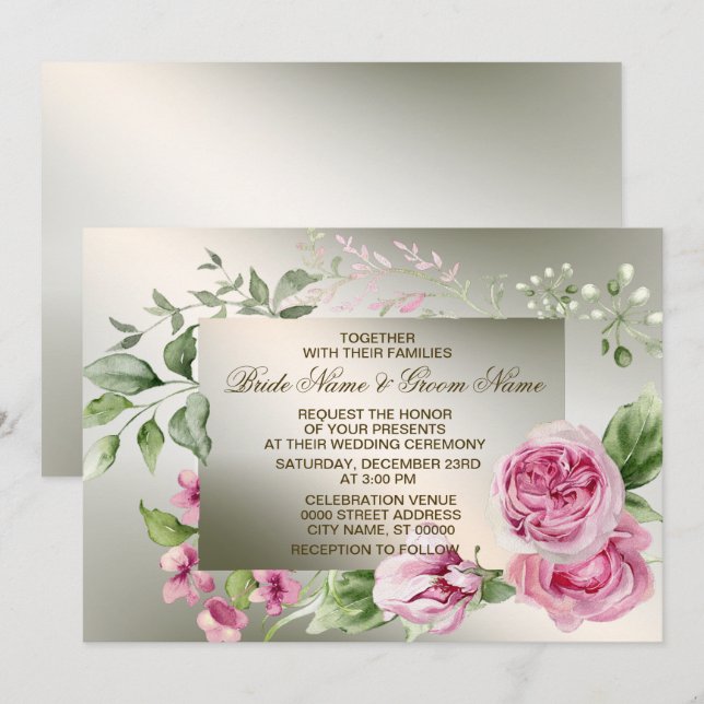 Invitation Aquarelle mariage Rose Floral Frame Bronze brillan (Devant / Derrière)