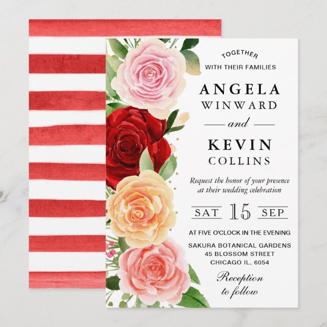 Invitation Aquarelle Mariage Rose rouge et orange (Devant / Derrière)