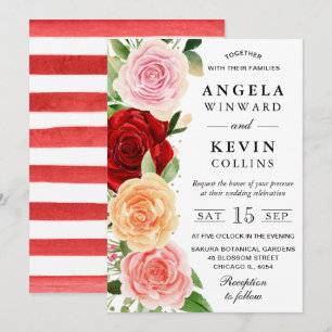 Invitation Aquarelle Mariage Rose rouge et orange