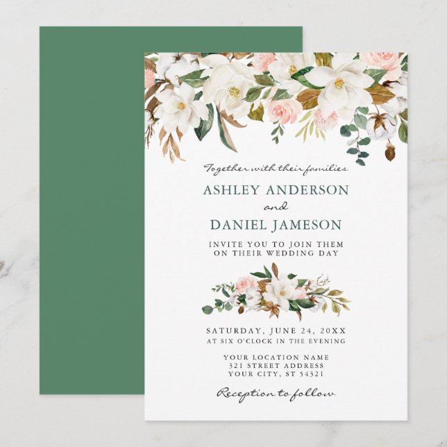 Invitation Aquarelle mariage Roses roses blanches Magnolias (Devant / Derrière)