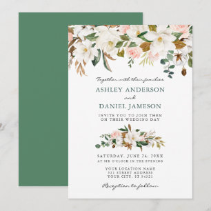 Invitation Aquarelle mariage Roses roses blanches Magnolias