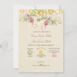 Invitation Aquarelle Mariage tout en un rose vert jaune