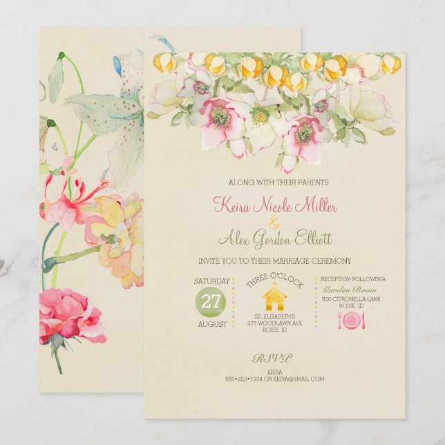 Invitation Aquarelle Mariage tout en un rose vert jaune (Devant / Derrière)