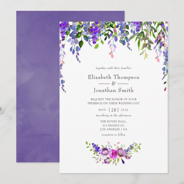 Invitation Aquarelle Mariage ultra violet (Devant / Derrière)