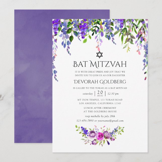 Invitation Aquarelle Mariage ultra violet Bat mitzvah floral (Devant / Derrière)