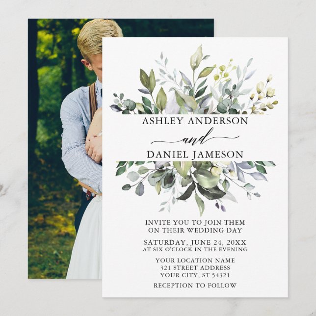 Invitation Aquarelle mariage Végétation botanique Photo (Devant / Derrière)