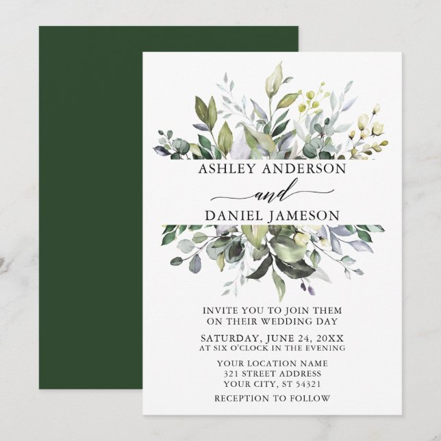 Invitation Aquarelle mariage Verdure botanique Élégant (Devant / Derrière)