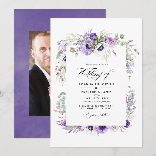 Invitation Aquarelle Mariage violet poussiéreuse Photo floral (Devant / Derrière)