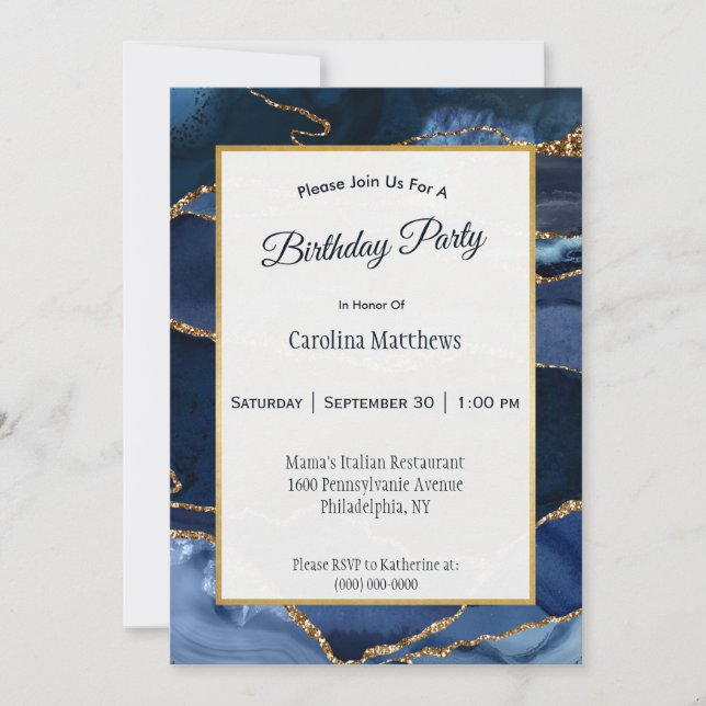 Invitation Aquarelle marine Abstraite Blue Agate (Devant)