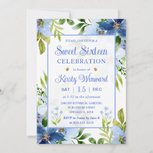 Invitation Aquarelle Marine & Baby Blue Flowers Sweet sixteen