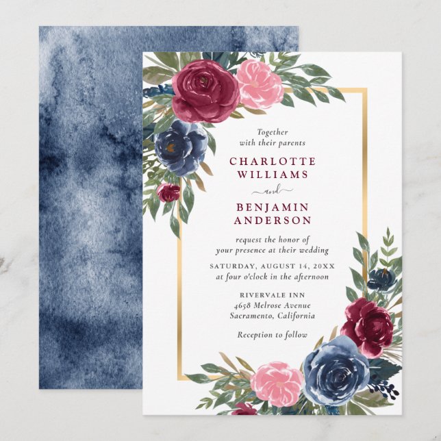 Invitation Aquarelle Marine Bleu Bourgogne Or Floral (Devant / Derrière)