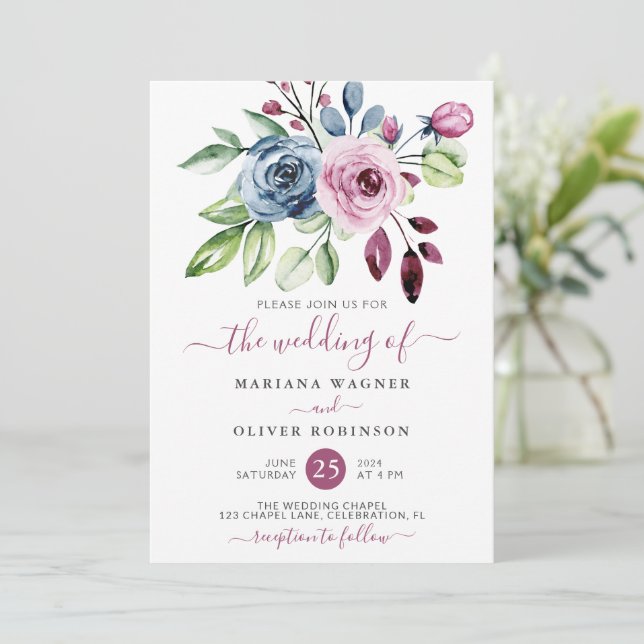 Invitation Aquarelle marine bleu et vin Mariage floral (Debout devant)