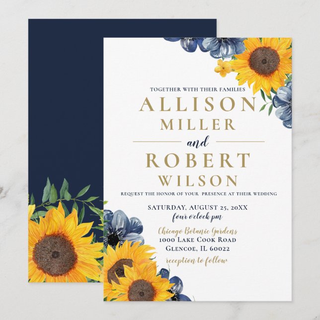 Invitation Aquarelle Marine Bleu Tournesol Mariage rustique (Devant / Derrière)