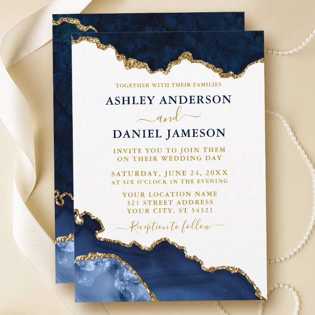 Invitation Aquarelle Marine Blue Gold Marble Mariage (Customize to change text size, text color or style.)
