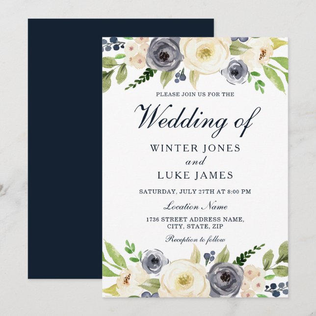 Invitation Aquarelle marine et blanc Champagne Mariage floral (Devant / Derrière)