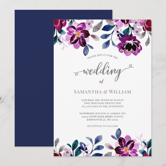 Invitation Aquarelle marine et Mariage floral pourpre (Devant / Derrière)