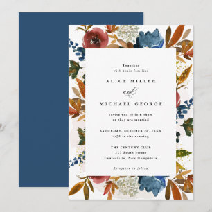 Invitation Aquarelle marine et rouille Boho Floral, Mariage e
