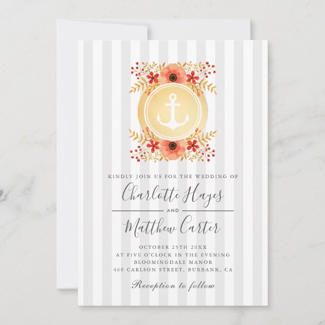 Invitation Aquarelle marine Floral Gold Ancre Mariage (Devant)
