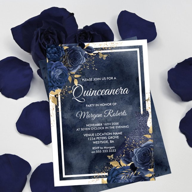 Invitation Aquarelle marine, Floral & Robe, Quinceanera or (Créateur téléchargé)