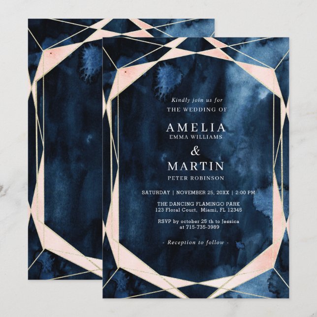 Invitation Aquarelle Marine Marbre bleu Mariage or (Devant / Derrière)