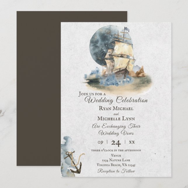Invitation Aquarelle marine navire et Mariage de Pleine lune (Devant / Derrière)