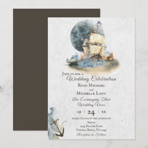 Invitation Aquarelle marine navire et Mariage de Pleine lune