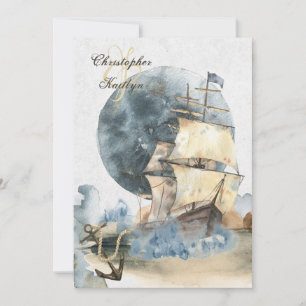 Invitation Aquarelle marine navire et Mariage de Pleine lune