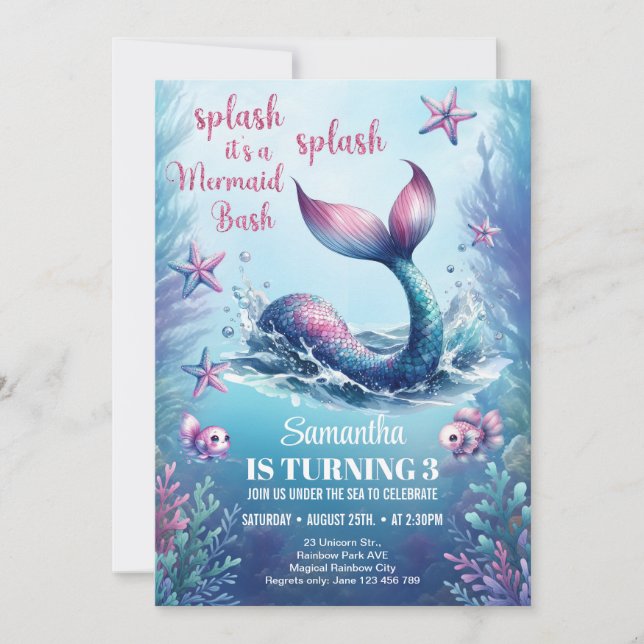Invitation Aquarelle marine rose or mermaid queue anniversair (Devant)
