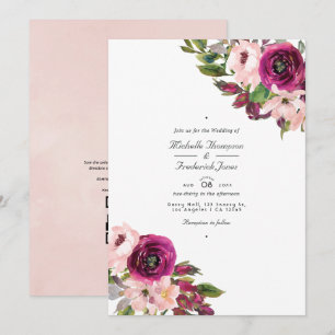 Invitation Aquarelle Marsala & Blush Floral QR Code Mariage