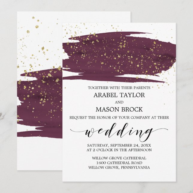Invitation Aquarelle Marsala et Mariage d'étincelle d'or (Devant / Derrière)