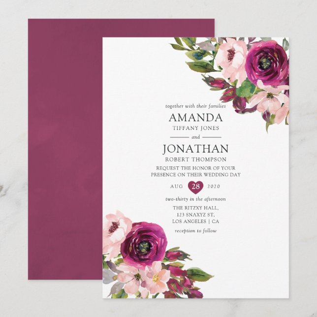 Invitation Aquarelle Marsala et Mariage floral (Devant / Derrière)