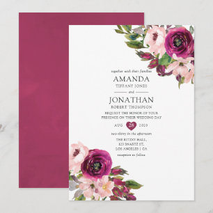 Invitation Aquarelle Marsala et Mariage floral