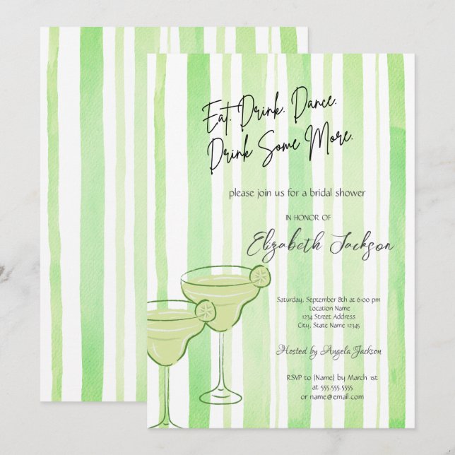 Invitation Aquarelle Martini Green Stripes Fête des mariées (Devant / Derrière)