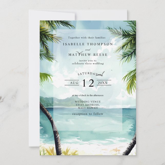 Invitation Aquarelle Maui Hawaii Mariage de plage tropicale (Devant)