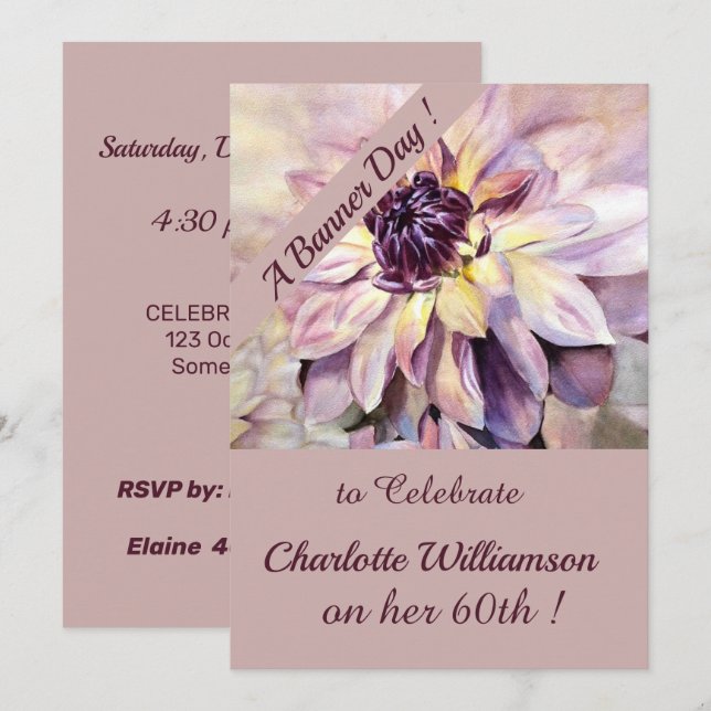 Invitation Aquarelle mauve et pourpre Fleur Anniversaire (Devant / Derrière)