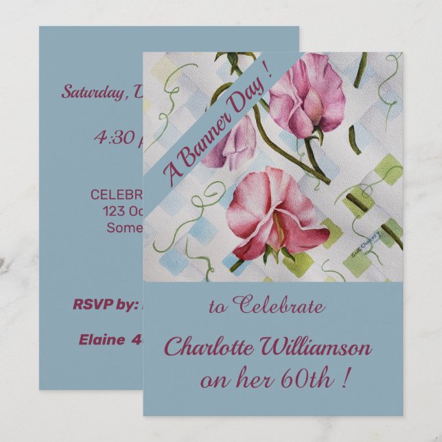 Invitation Aquarelle mauve et rose Fleur Anniversaire (Devant / Derrière)