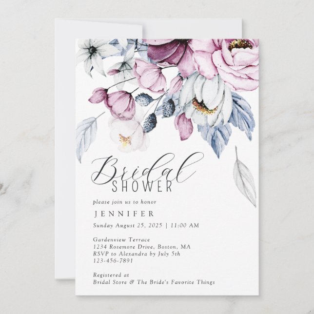 Invitation Aquarelle mauve moderne Fête des mariées florale (Devant)